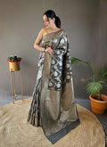 Pretty Black Color Banarasi Silk Zari Weaving gray Saree With Blouse Piece
