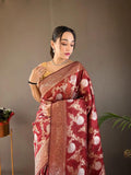 Pretty Black Color Banarasi Silk Zari Weaving marron Saree With Blouse Piece