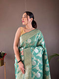 Pretty Black Color Banarasi Silk Zari Weaving pista Saree With Blouse Piece