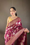 Pretty Black Color Banarasi Silk Zari Weaving pink Saree With Blouse Piece