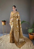 Pretty Black Color Banarasi Silk Zari Weaving gold Saree With Blouse Piece