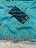 Soft Crunchy Embroidery Saree with Stone Work & Cutwork Finish-sky