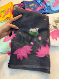 Elegant Cow Print Linen Cotton Saree with Digital Print & Tassel Pallu - BLACK