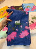 Elegant Cow Print Linen Cotton Saree with Digital Print & Tassel Pallu - BLUE