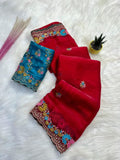 Elegant Teal Pure Soft Fendy Satin Saree with Multi Floral Embroidery & Contrast Designer Blouse - red