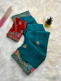 Elegant Teal Pure Soft Fendy Satin Saree with Multi Floral Embroidery & Contrast Designer Blouse -sea green