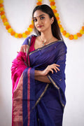 Wedding Wear Kanjivaram Woven Silk  DARK BLUE Saree With Blouse Piece