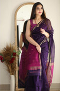 Wedding Wear Kanjivaram Woven Silk PURPLE Saree With Blouse Piece