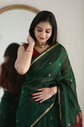 Wedding Wear Kanjivaram Woven Silk GREEN RED Saree With Blouse Piece