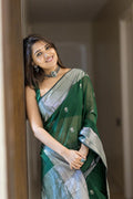 Weading Wear Banarasi Litchi Silk GREEN Saree With Blouse Piece