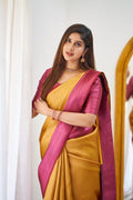 Wedding Wear Banarasi Litchi Silk yellow Saree With Blouse Piece