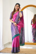 Wedding Wear Banarasi Litchi Silk PINK GREEN Saree With Blouse Piece