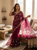 Elegant Sequins Embroidered Frendy Chiffon Saree with Mono Banglori Blouse – WINE