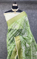 Elegant Olive green & White Printed Saree with Floral Buti Design