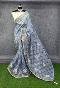 Elegant Gray & White Printed Saree with Floral Buti Design