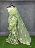 Elegant Pista & Silver Zigzag Designer Saree with Floral Buti Work