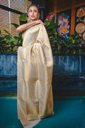 Wedding Wear Kanjivaram Woven CREAM Silk Saree With Blouse Piece