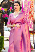 Wedding Wear Kanjivaram Woven PINK Silk Saree With Blouse Piece