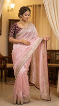 Designer Fandy Satin Saree with 3mm Sequins Pallu & Cutwork Border – LIGHT PINK