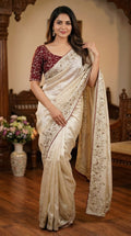 Designer Fandy Satin Saree with 3mm Sequins Pallu & Cutwork Border – WHITE