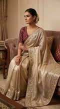 Designer Fandy Satin Saree with 3mm Sequins Pallu & Cutwork Border – CREAM