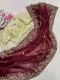 Designer Fandy Satin Saree with 3mm Sequins Pallu & Cutwork Border – MARRON