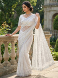 Elegant Pure Soft Net Saree with Original Beads Work & Designer Cutwork Border -WHITE