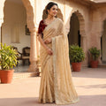 Elegant Fandy Satin Saree with Sequins Butti & Designer Lace Border -OFF WHITE