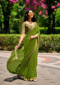 Premium Georgette Leheriya Mothda Print Saree with Embroidery Sequence Lace Border & Designer Blouse Piece - GREEN