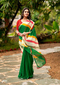 Graceful Chiffon Saree with Artistic Brush Print and Woven Border - GREEN